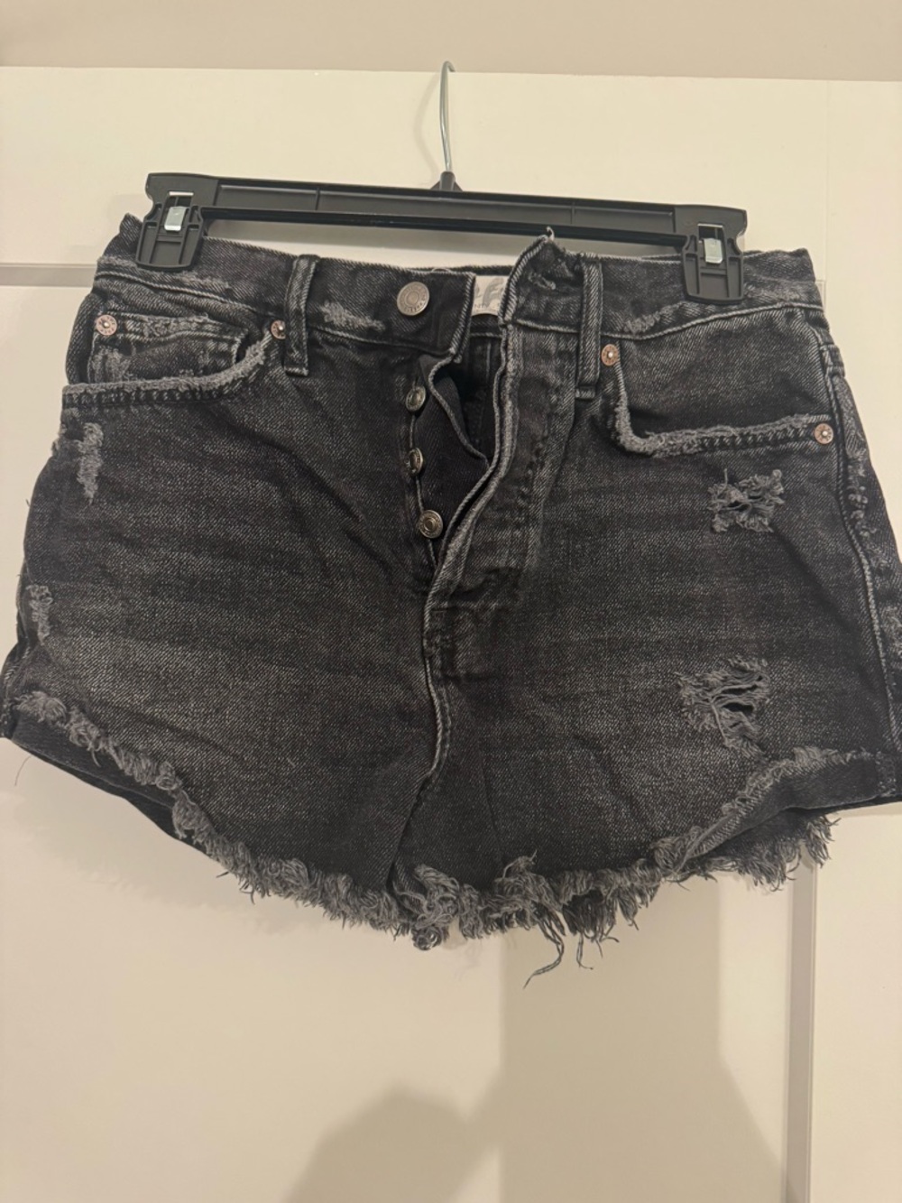 Free People Washed Black Distressed Button-Fly Denim Shorts